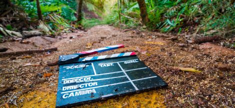 Firefly-dirty-film-clapboard,-laying-on-dirt-in-rainforest-61533